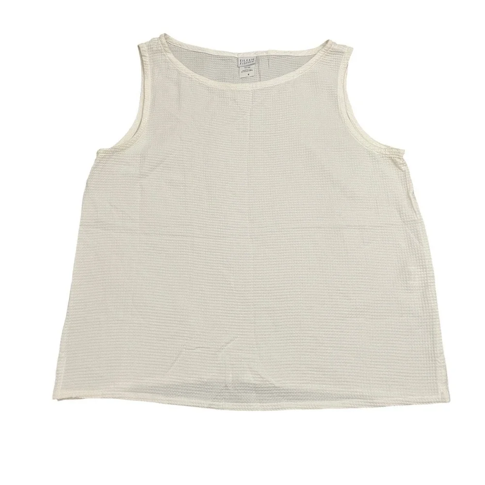 Eileen Fisher Waffle Knit Tank Top Medium White Italian Fabric Made in USA